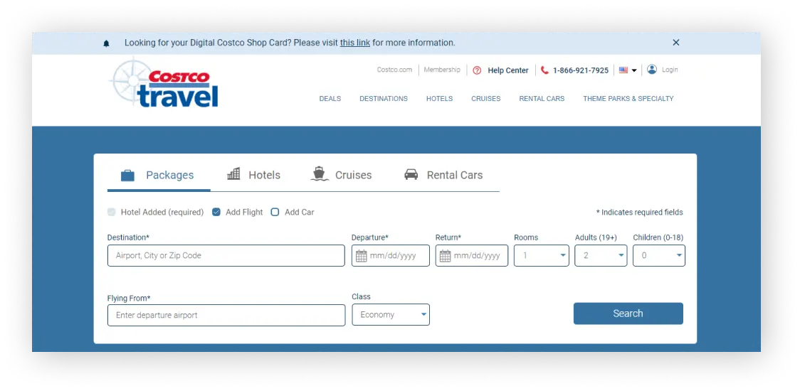 Costco travel booking website design