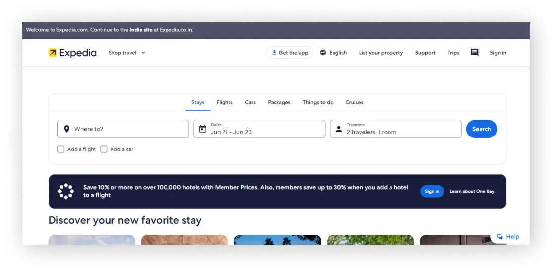 Expedia travel website UX/UI example