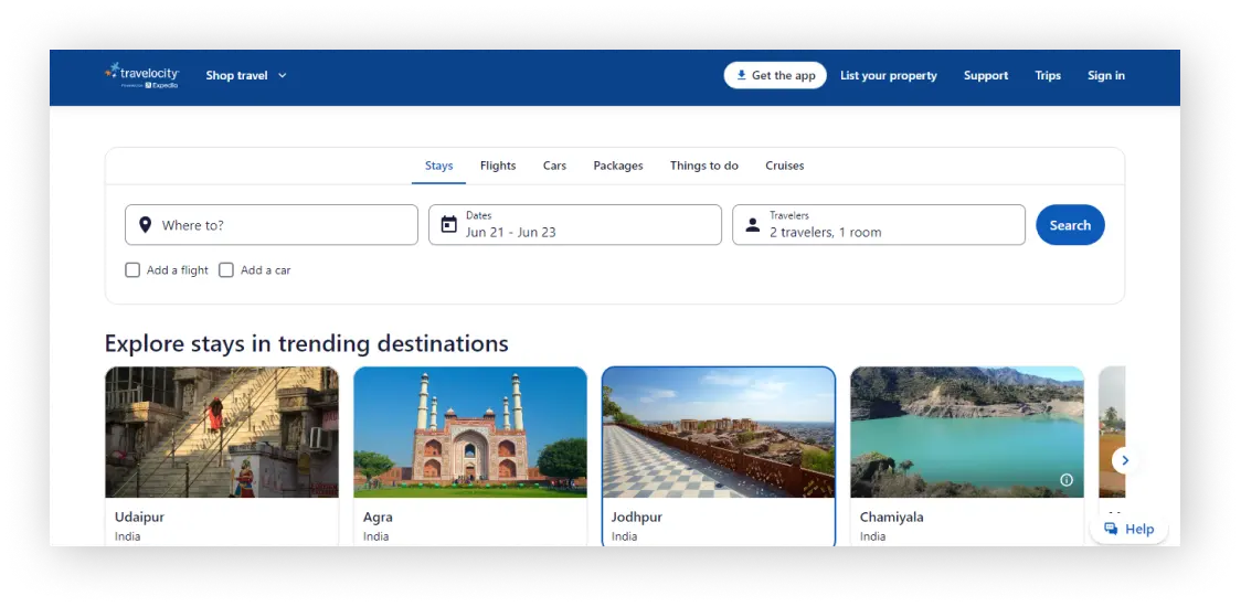 Travelocity homepage travel website design