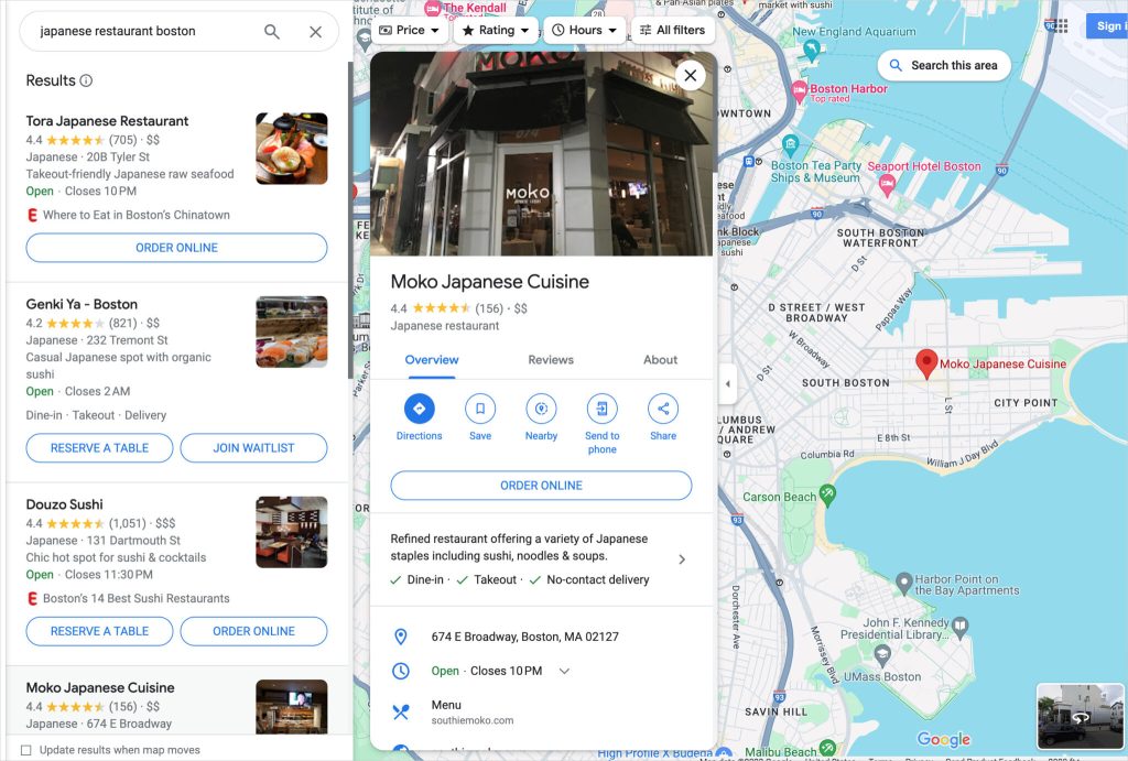 Google Map Pack showing local restaurant listings with ratings and directions