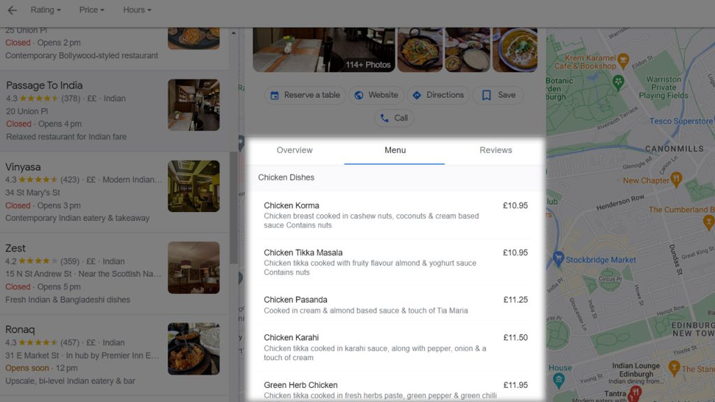 Verified Google Business Profile for a restaurant with complete listing details