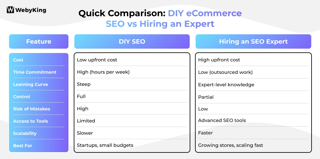 Quick Comparison: DIY vs Hiring an SEO Expert for eCommerce SEO