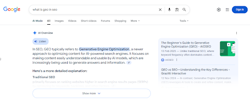 Example of Google Search Generative Experience (SGE)