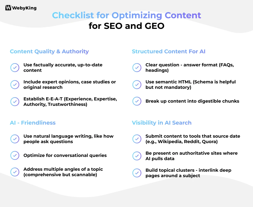 checklist for optimizing content for seo and geo