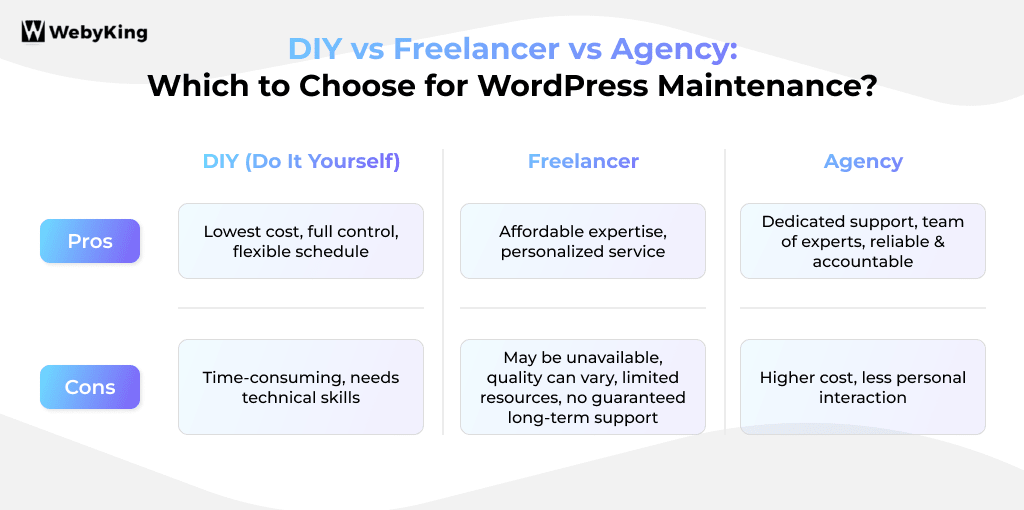 Comparison on DIY vs Freelancer vs Agency