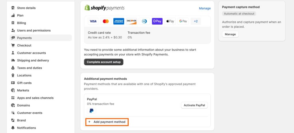 Screenshot of Shopify admin panel of Payment methods