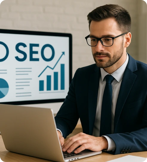 Person is working on the Laptop with SEO graph in background