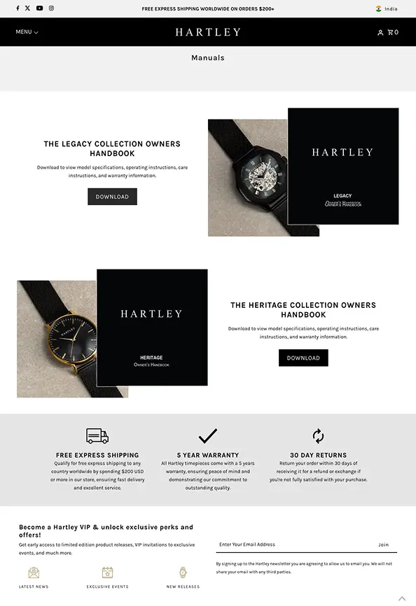 Hartley Watches website interface